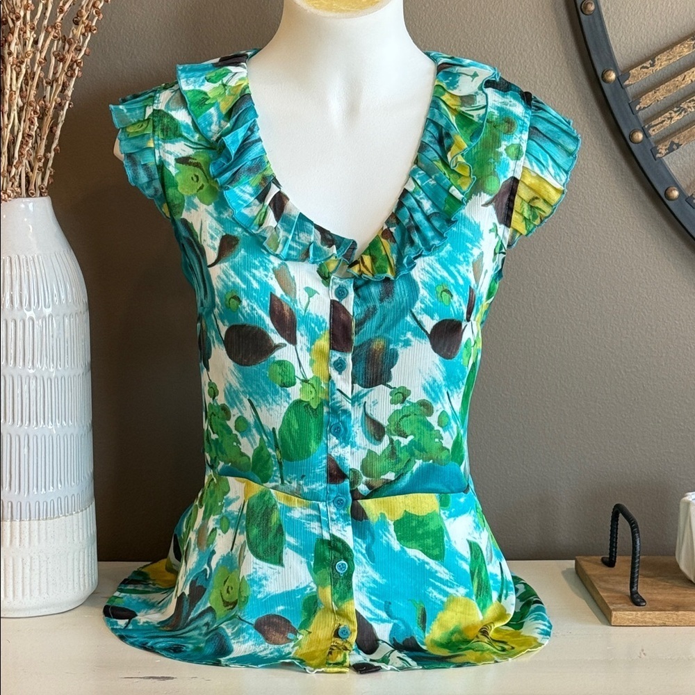 AB STUDIO Floral Ruffle Sleeve Watercolor Peplum Button Front Blouse Size Large